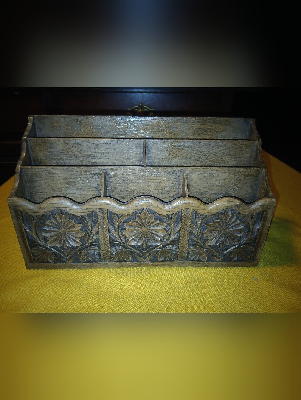Vintage Lerner Faux Carved Wood Letter Mail Organizer Desk Caddy.